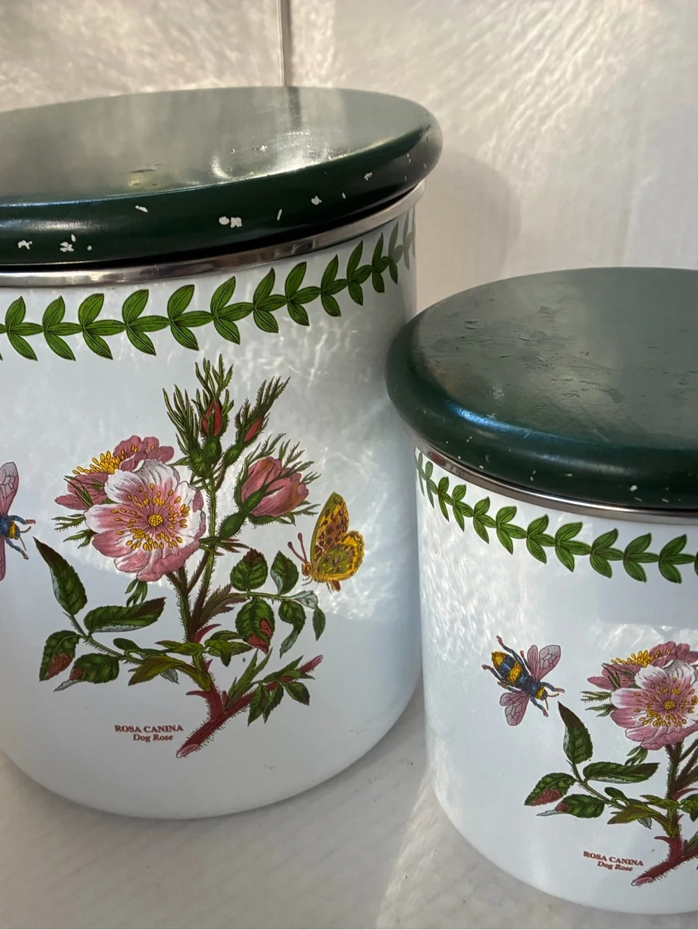 Vtg Portmeirion Metal Covered Canisters Botanic Garden Rosa Canina Dog Rose (2)